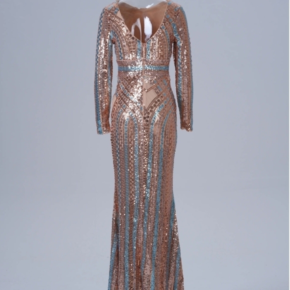 Gold and Blue Bodycon Gown with Plunge Neckline - Picture 10 of 14